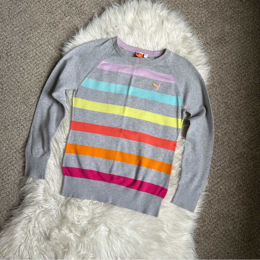 Puma Multicolor Stripes Gray Knit Fabric Crewneck Sweater Size Medium